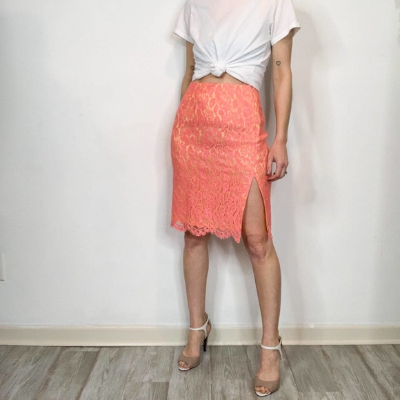 Trina Turk Dresses & Skirts - TRINA TURK lace pencil skirt high rise neon orange fluorescent yellow y2k